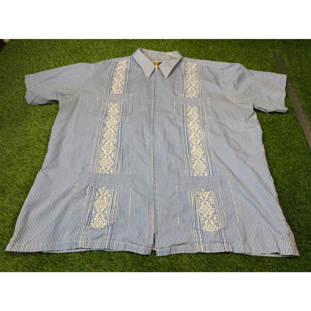 GUAYABERA‎ The Genuine Haband Mens Short Sleeve Button Up Shirt Blue Stripe XL